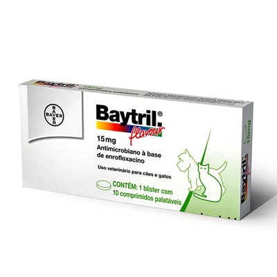 Produto Antibiótico Baytril Flavour 15mg para Cachorros e Gatos com 10 comprimidos