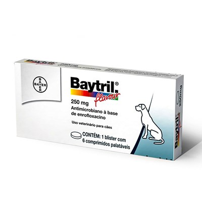 Produto Antibiótico Baytril Flavour 250mg para Cachorros e Gatos com 6 comprimidos