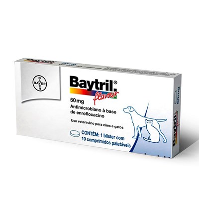 Produto Antibiótico Baytril Flavour 50mg para Cachorros e Gatos com 10 comprimidos