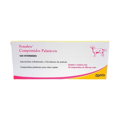 Antibiótico Synulox 250mg Zoetis para Cachorros e Gatos 10 Comprimidos