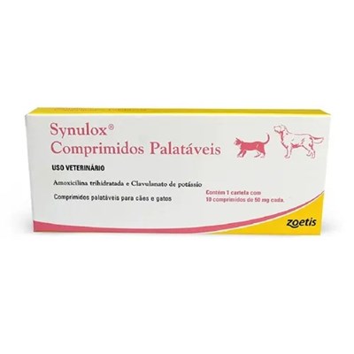 Antibiótico Synulox 50mg Zoetis para Cachorros e Gatos 10 Comprimidos