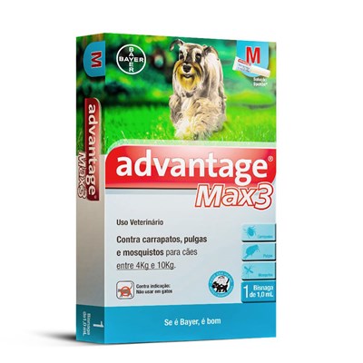 Produto Antipulgas e Carrapatos Advantage Max3 1,0ml para Cachorros de 4kg até 10kg com 1 Pipeta