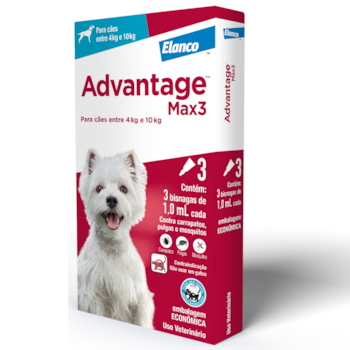 Antipulgas E Carrapatos Advantage Max3 1ml Para Cães De 4kg Até 10kg Com 3 Pipetas - Imagem principal