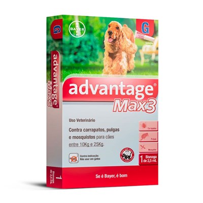 Produto Antipulgas e Carrapatos Advantage Max3 2,5ml para Cachorros de 10kg até 25kg com 1 Pipeta