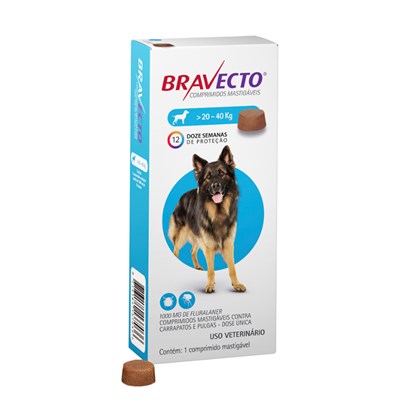 Antipulgas e Carrapatos Bravecto 1000mg para Cachorros de 20kg até 40kg com 1 comprimido