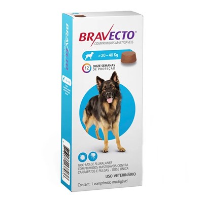 Antipulgas e Carrapatos Bravecto 1000mg para Cachorros de 20kg até 40kg com 1 comprimido
