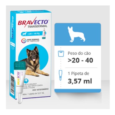 Antipulgas e Carrapatos Bravecto Transdermal 1000mg para Cachorros de 20kg até 40kg com 1 Pipetas