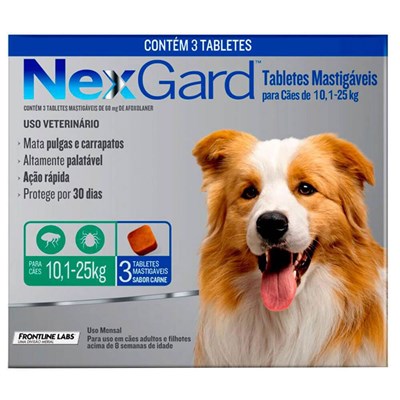 Antipulgas e Carrapatos Nexgard para Cachorros de 10,1 a 25kg 3 tabletes mastigavel de 68mg