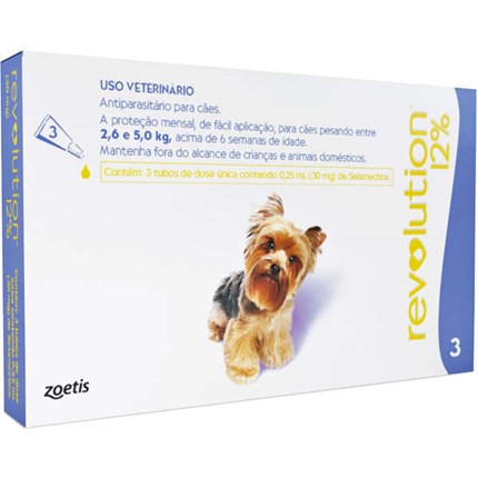 Antipulgas e Carrapatos Revolution 12% (30 mg) para cães de 2,5kg a 5kg com 3 pipetas