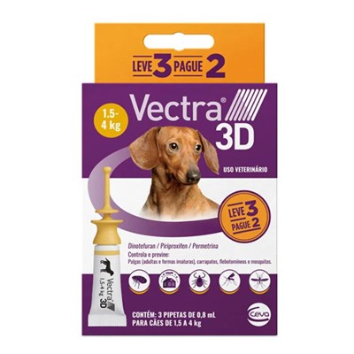 Produto Antipulgas e Carrapatos Vectra 3D para cães de 1,5kg a 4kg com 3 pipetas