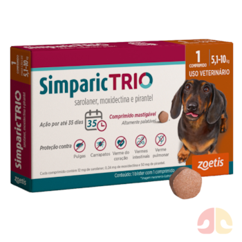 Antipulgas e Vermífugo Simparic Trio 12mg para Cães de 5,1kg a 10kg com 1 Comprimido - Imagem principal