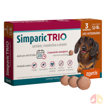 Antipulgas e Vermífugo Simparic Trio 12mg para Cães de 5,1kg a 10kg com 3 Comprimidos - Imagem principal