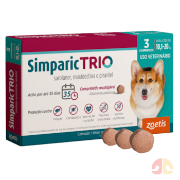 Antipulgas e Vermífugo Simparic Trio 24mg para Cães de 10,1kg a 20kg com 3 Comprimidos - Imagem principal