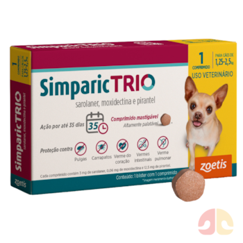 Antipulgas e Vermífugo Simparic Trio 3mg para Cães de 1,25kg a 2,5kg com 1 Comprimido - Imagem principal