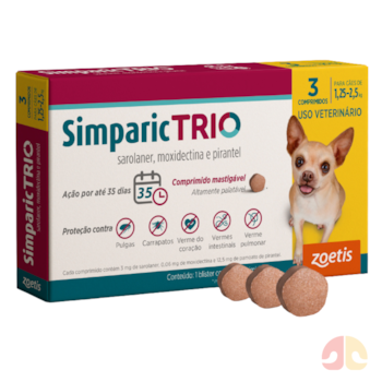 Antipulgas e Vermífugo Simparic Trio 3mg para Cães de 1,25kg a 2,5kg com 3 Comprimidos - Imagem principal