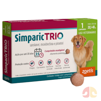 Antipulgas e Vermífugo Simparic Trio 48mg para Cães de 20,1kg a 40kg com 1 Comprimido - Imagem principal