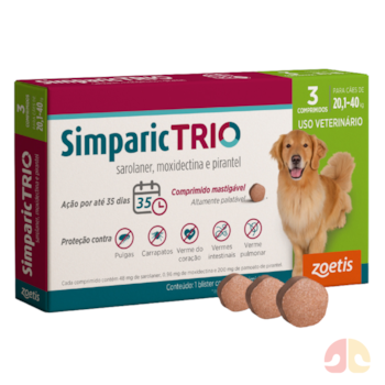 Antipulgas e Vermífugo Simparic Trio 48mg para Cães de 20,1kg a 40kg com 3 Comprimidos - Imagem principal