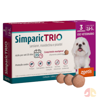 Antipulgas e Vermífugo Simparic Trio 6mg para Cães de 2,6kg a 5kg com 3 Comprimidos - Imagem principal