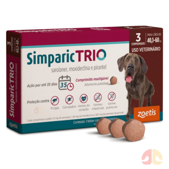 Antipulgas e Vermífugo Simparic Trio 72mg para Cães de 40,1kg a 60kg com 3 Comprimidos - Imagem principal