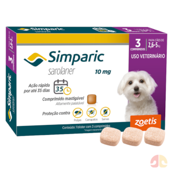 Antipulgas Simparic 10mg para cães de 2,6kg a 5kg com 3 comprimidos - Imagem principal