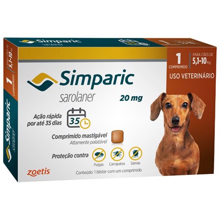 Antipulgas Simparic 20mg para cães de 5,1kg até 10kg com 1 comprimido