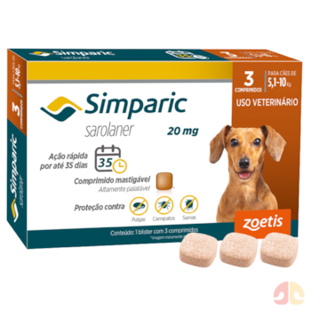 Antipulgas Simparic 20mg para cães de 5,1kg até 10kg com 3 comprimidos - Imagem principal