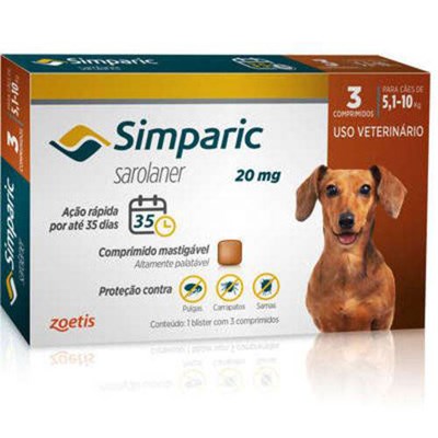 Antipulgas Simparic 20mg para cães de 5,1kg até 10kg com 3 comprimidos