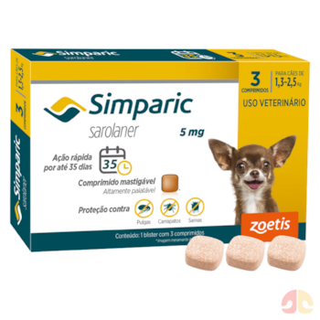 Antipulgas Simparic 5mg para Cães de 1,0kg a 2,5kg com 3 comprimidos - Imagem principal