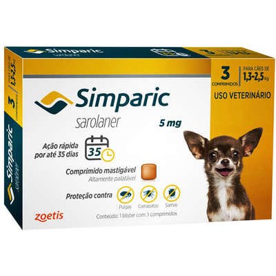 Antipulgas Simparic 5mg para Cães de 1,0kg a 2,5kg com 3 comprimidos