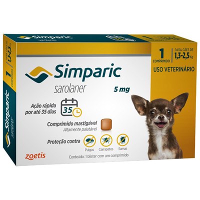 Antipulgas Simparic 5mg para Cães de 1kg a 2,5kg com 1 comprimido
