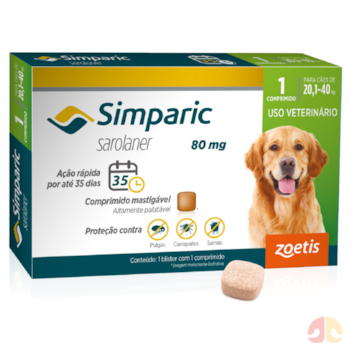Antipulgas Simparic 80mg para cães de 20kg a 40kg com 1 comprimido - Imagem principal