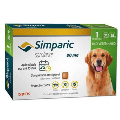 Antipulgas Simparic 80mg para cães de 20kg a 40kg com 1 comprimido