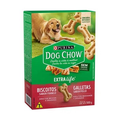 Biscoito Integral Maxi Purina Dog Chow Extra Life para cachorros adultos médios e grandes sabor frango 500g
