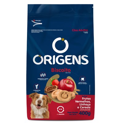 Produto Biscoito Origens sabor Frutas vermelhas, Linhaça e Cereais para cachorros adultos 400gr