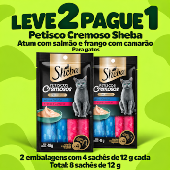 Kit 2 Petiscos Cremoso Sheba Sabor Atum com Salmão e Frango com Camarão Para Gatos com 4 Sachês de 12g - Imagem principal
