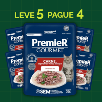 Kit 5 Sachês PremieR Gourmet Gatos Adultos Carne, Espinafre e Arroz Integral 70gr - Imagem principal