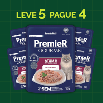Kit 5 Sachês PremieR Gourmet Gatos Castrados Adultos Atum e Arroz Integral 70gr - Imagem principal