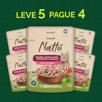 Kit 5 Sachês PremieR Nattu 85gr Gatos Adultos Castrados Frango e Batata Doce - Imagem principal