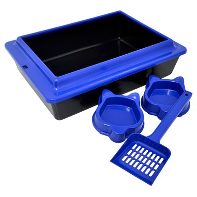 Kit AllCat Azul São Pet com Bandeja Higiênica (33,5x45x10cm), 2 Comedouros e 1 Pá