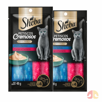 Kit com 2 Unidades Petisco Cremoso Sheba Sabor Atum com Salmão e Frango com Camarão Para Gatos com 4 Sachês de 12g - Imagem principal