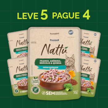 Kit com 5 Sachês PremieR Nattu 85gr Gatos Adultos Castrados Frango e Abóbora - Imagem principal