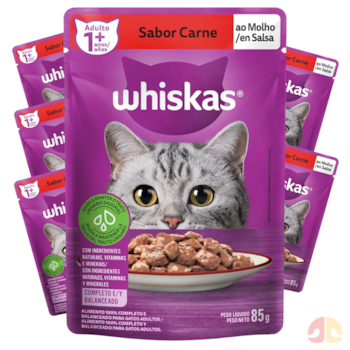 Kit Sachês Whiskas para Gatos Adultos 85gr Sabor Carne ao Molho - Imagem principal