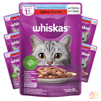Kit Sachês Whiskas para Gatos Adultos Castrados 85g Carne ao Molho - Imagem principal