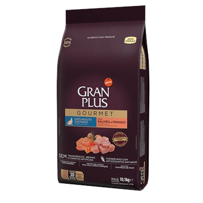 Produto Ração GranPlus Gourmet gatos adultos castrados salmão e frango pacotes individuais 10,1kg