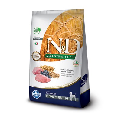 Ração N&D Ancestral Grain para cachorros adultos medium breeds cordeiro e blueberry 10,1kg