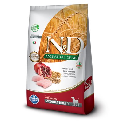 Ração N&D Ancestral Grain para cachorros adultos medium breeds frango e romã 10,1kg