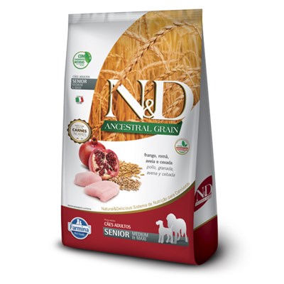 Ração N&D Ancestral Grain para cachorros sênior medium e maxi frango e romã 10,1kg