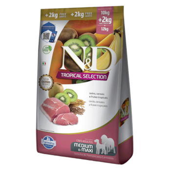 Ração N&D Tropical Selection Cães Adultos 10kg + 2kg Grátis Porte Médio e Grande Sabor Suíno, Cereais e Frutas Tropicais - Imagem principal