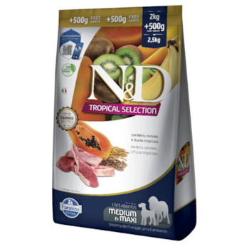 Ração N&D Tropical Selection Cães Adultos 2kg + 500g Grátis Porte Médio e Grande Sabor Cordeiro, Cereais e Frutas Tropicais - Imagem principal