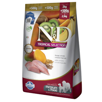 Ração N&D Tropical Selection Cães Adultos 2kg + 500g Grátis Porte Médio e Grande Sabor Frango, Cereais e Frutas Tropicais - Imagem principal
